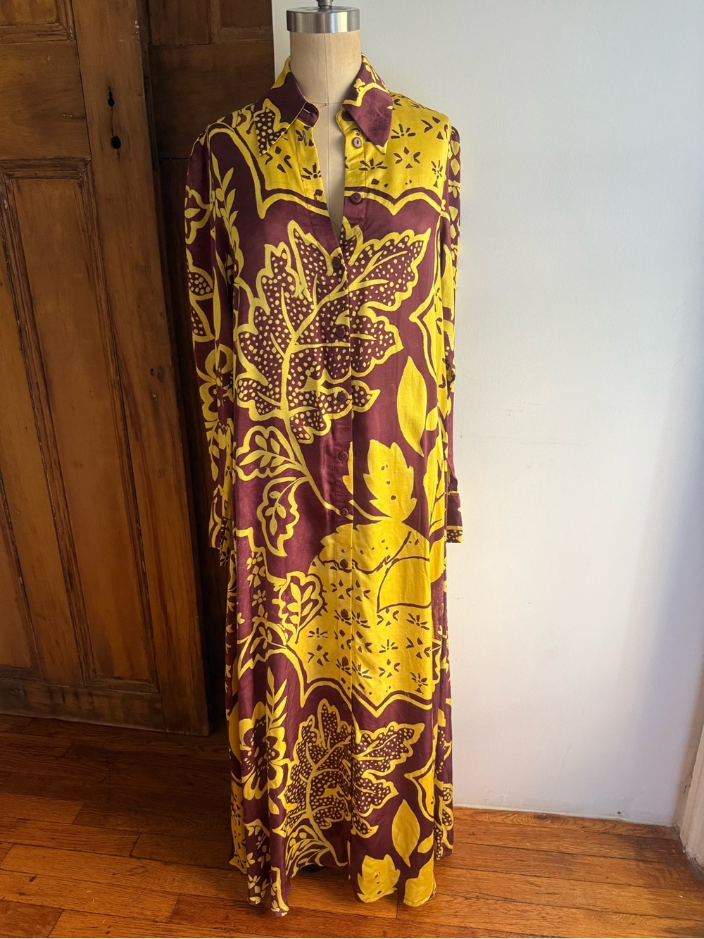 Corey Lynn Calter Leaf Print Shirt Dress Rayon Feel Maxi Dress  Boho Artwear